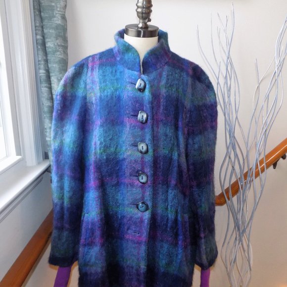 ALORNA Petite Vintage Fuzzy Jacket Coat Purple & Blue Women's Plus Size 16P/1X - Picture 2 of 6